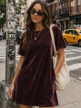 Vintage Denim & Co. Plum Velvet Shift Dress Short Sleeve Relaxed Fit Medium